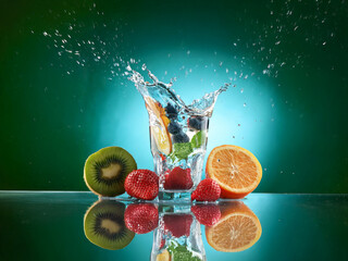 Poster - Refreshing fruit-infused water splashing in a glass, surrounded by vibrant kiwi, strawberries, and oranges against a teal backdrop.  The scene is dynamic, capturing the moment of impact.