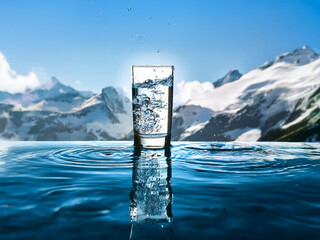 Aufkleber - A glass of pure water sits on a calm lake, with majestic snow-capped mountains in the background.  The scene evokes freshness and serenity.
