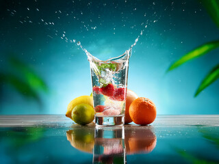 Poster - Refreshing fruit-infused water splashing in a glass, surrounded by citrus fruits and palm leaves against a teal background.  The scene is vibrant and evokes a sense of summer.