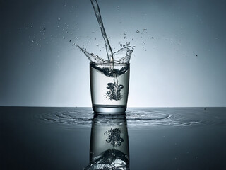 Poster - Water pours into a glass, creating a dramatic splash and ripple effect on a reflective surface.  The scene is captured with a cool, minimalist aesthetic.