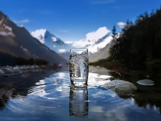 Aufkleber - A glass of pure water sits in a pristine mountain river, its reflection mirrored in the calm surface.  The snow-capped peaks rise majestically in the background, a breathtaking scene of natural beauty