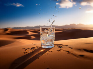 Aufkleber - A glass of ice water sits in a desert,  water splashing.  The setting sun casts long shadows across the sand dunes.  A sense of thirst quenched.