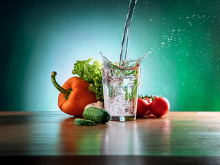 Poster - Refreshing water pours into a glass, splashing beside vibrant vegetables on a wooden surface.  A healthy and hydrating scene.