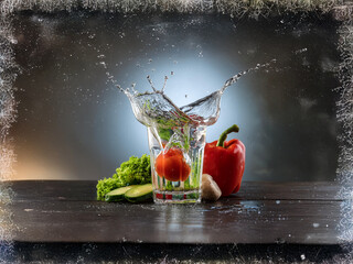 Poster - A vibrant tomato drops into a glass of water, creating a dramatic splash.  Surrounding it are fresh vegetables on a rustic wooden surface. The image has a vintage, textured border.