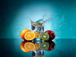 Aufkleber - Refreshing image of fruit-infused water splashing in a glass, with vibrant citrus and other fruits.  The scene is dynamic and evokes a sense of hydration and health.