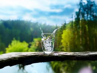Aufkleber - Refreshing water splashes into a glass on a rustic wooden surface, overlooking a lush green forest and calm river.  The scene evokes purity and natural beauty.