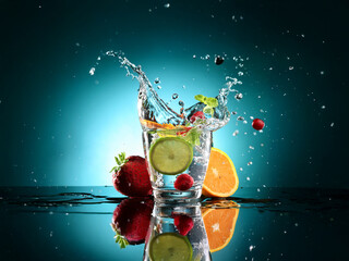 Poster - Refreshing fruit infused water splashing in a glass, creating a vibrant, dynamic scene.  The colorful fruits and water droplets are beautifully illuminated against a dark teal background.