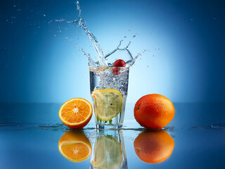 Poster - Refreshing fruit-infused water splashing into a glass, creating a dynamic display against a vibrant blue backdrop.  Oranges and lemon slices surround the glass, adding to the vibrant scene.