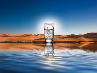 A glass of water sits in the foreground, reflecting in a still desert oasis, with sand dunes under a vibrant blue sky.  The scene evokes thirst, refreshment, and the preciousness of water.