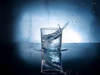 Aufkleber - A splash of water freezes mid-air as it impacts a clear glass, creating dynamic ripples on the reflective surface.  The scene is dramatic and cool-toned.