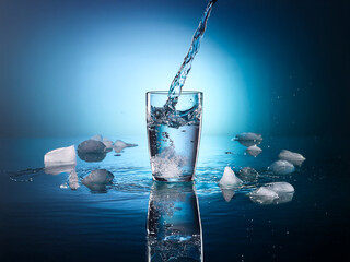 Aufkleber - Water pours into a glass, splashing onto ice cubes scattered on a reflective surface.  The backdrop is a cool blue gradient.