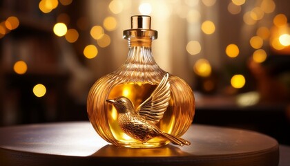 Wall Mural - Golden bird perfume bottle on a wooden table. Warm, inviting light.