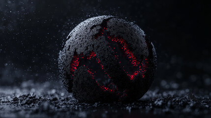 Dark metallic sphere with glowing red patterns on black surface with scattered debris