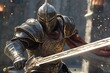 © Oleh - Valiant knight in detailed armor fiercely swings a glowing sword, surrounded by sparks and embers, embodying strength and bravery in a medieval setting