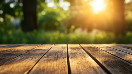 A wooden table with a view of trees and a sun in the background