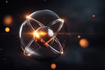 A dark depiction of an atom with glowing red electrons and a smoky background, symbolizing atomic energy