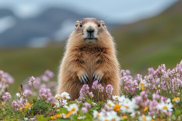 a chubby marmot takes slow, playful steps while looking around. a close-up of a pudgy woodchuck with