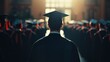 © El - Rear view of Graduates attending a graduation ceremony at a university. Cinematic shot. with a little sunlight, blurred background. Closeup.