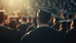 © El - Rear view of Graduates attending a graduation ceremony at a university. Cinematic shot. with a little sunlight, blurred background. Closeup.