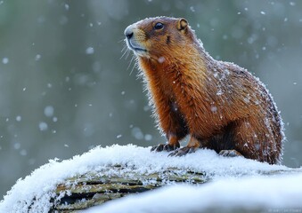 Wall Mural - A ground hog or yellow bellied marmot seeks his shadow but fails to see it as the cold winter wind stirs his fur