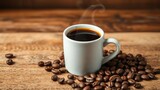 A cup of freshly brewed americano coffee topped with a handful of coffee beans on the side, drink, refreshment
