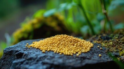 yellow mustard seeds sinapis alba scattered on a textured stone surface with lush green background a