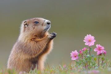 Wall Mural - An endearing wild animal is burrowing and settling on a green meadow in the Swiss mountains