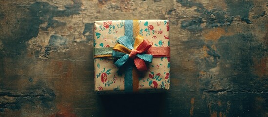 Handmade gift box wrapped in craft paper with colorful ribbons on a rustic table overhead view with space for personalized text or message