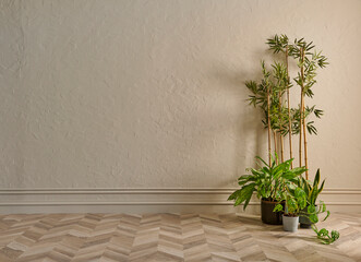 Green botanic room concept, vase of plant, furniture chair and bank style, interior home decor, dark yellow wall background.