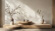 © Cyber Shutter - Modern minimalist interior with wooden elements and vases featuring soft natural light and shadows creating a serene atmosphere