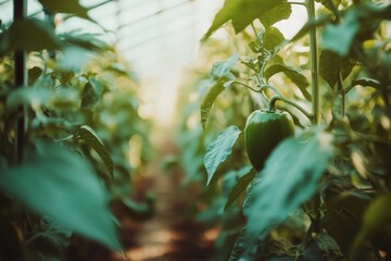 Poster - Green pepper growing in a greenhouse.