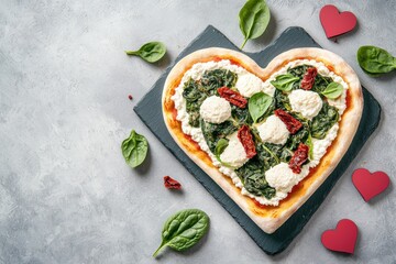 Wall Mural - Heart-shaped pizza concept for Valentine's Day. Heart-shaped pizza with spinach and cheese on a slate board