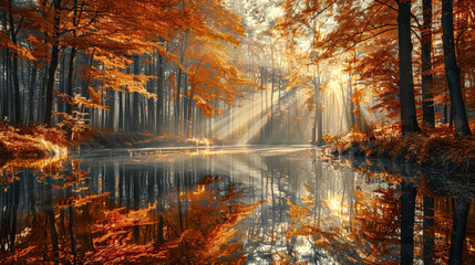Wall Mural - beautiful autumn scene with a lake and trees.