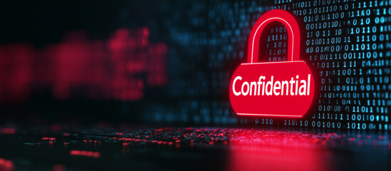 modern privacy concept featuring a glowing digital padlock surrounded by encrypted codes and subtle lines of data flow, with the words Confidential