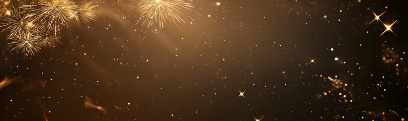 Wall Mural - happy new year 2025 greeting with golden fireworks and stars on a dark brown background -