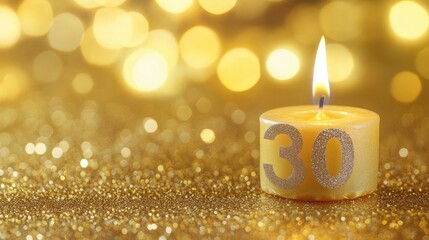 Wall Mural - 30th Birthday Candle Glowing on a Glittering Gold Background Celebrating Milestone with Elegant Bokeh Effect