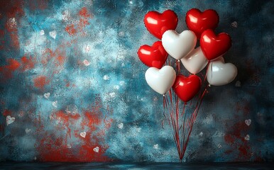 Wall Mural - Copy space, Stock.In a red setting, a 3D heart hot air balloon soars, representing love for holidays such as Valentine's Day, Mother's Day, and birthdays