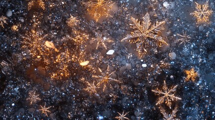 Wall Mural - glittering frost crystals create a stunning festive pattern on a frozen glass surface illuminated by