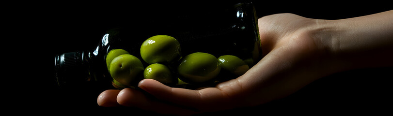 Wall Mural - Macro shot of a hand holding a bottle of olive oil and fresh green olives, isolated on black for culinary concepts  -