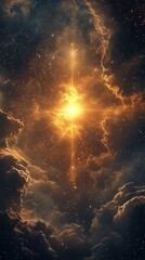 Wall Mural - golden-hued star shines through dark clouds, casting dramatic beams across the celestial sky. its ra