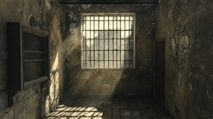 Poster - Abandoned interior of an old prison room with barred window and sun rays illuminating worn walls and floor tiles