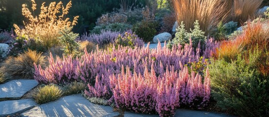 Poster - Winter garden with vibrant pink heather ling Calluna showcasing autumnal colors and textures in a serene natural landscape