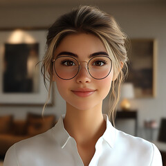 young attractive woman with glasses smiles warmly in modern interior. Her stylish appearance and friendly expression create welcoming atmosphere