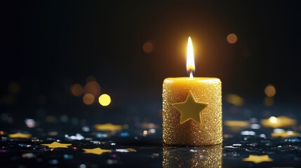 Wall Mural - Golden Celebration Candle with Star Decorated Background for Festive Events and Celebrations in Soft Focus with Bokeh Effect