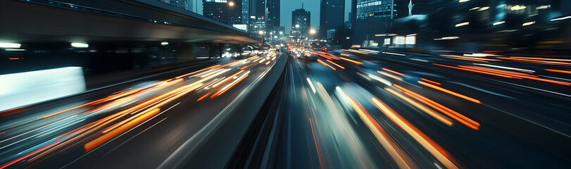 Wall Mural - Motorcycle ride through a city highway at dusk, capturing speed and motion  -