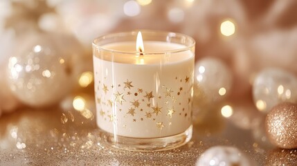 Wall Mural - elegant 24 karat gold candle surrounded by glittering ornaments on a soft starry background for cele
