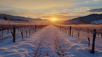 Wall Mural - Serene winter sunset illuminating a snowy vineyard landscape with rows of grapevines and distant mountains under a colorful sky.