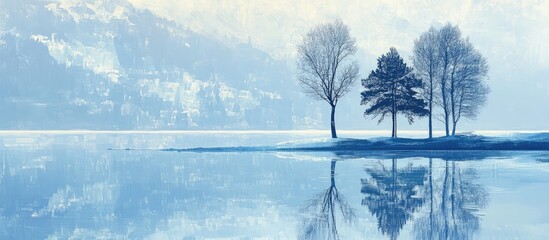 Wall Mural - Serene winter landscape with trees reflected in calm waters and distant snow-capped mountains under a soft blue sky