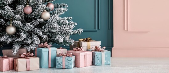 Wall Mural - Beautifully wrapped gift boxes beneath a festive Christmas tree embodying the joy and warmth of the winter holiday season.