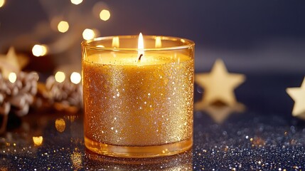 Wall Mural - Golden Celebration Candle with Flickering Flame on Sparkling Starry Background